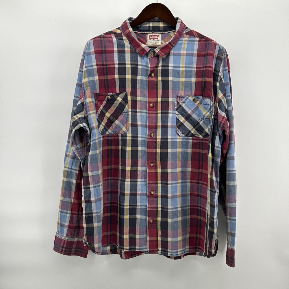 Levis Plaid Button Front Shirt Mens 3XL Red Blue‎ Long Sleeve Preppy Americana